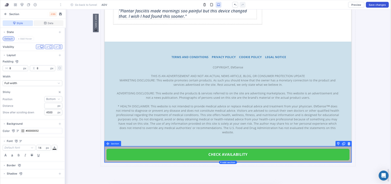 How to make a sticky CTA section on Funnelish that stays visible as users scroll the page