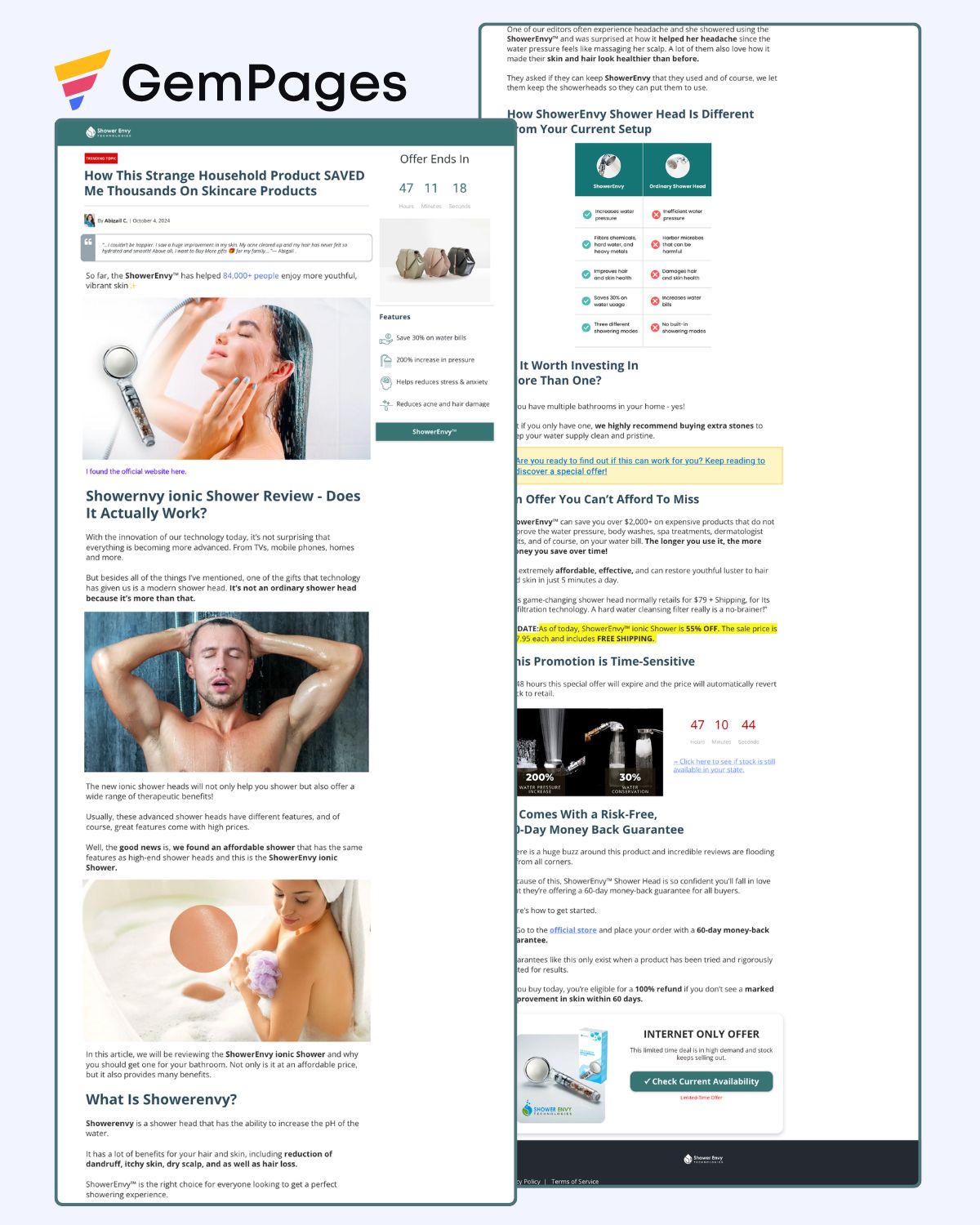 ShowerEnvy Advertorial Page | GemPages Template
