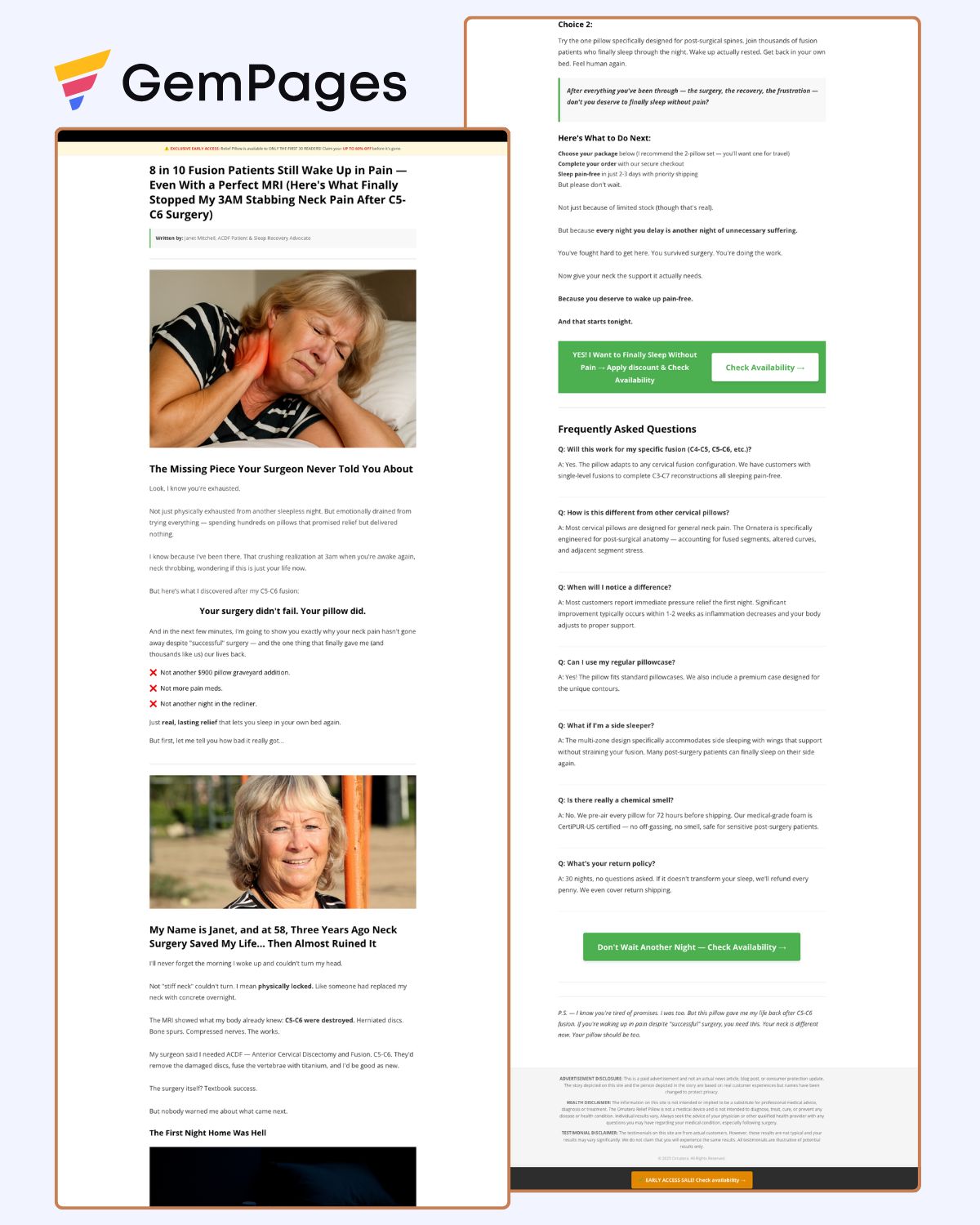 Neck Pain Advertorial Page | GemPages Template